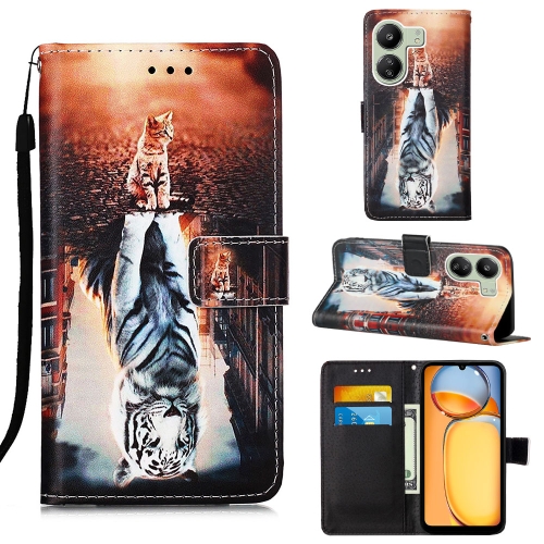 

For Xiaomi Redmi 13C Colored Drawing Pattern Plain Weave Leather Phone Case(Cats And Tigers)