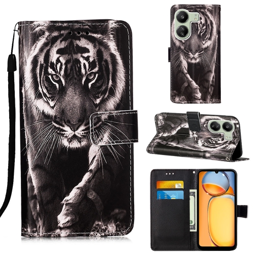 

For Xiaomi Redmi 13C Colored Drawing Pattern Plain Weave Leather Phone Case(Black And White Tiger)