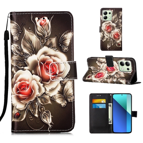 

For Xiaomi Redmi Note 13 4G Global Colored Drawing Pattern Plain Weave Leather Phone Case(Roses On Black)