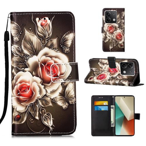 

For Xiaomi Redmi Note 13 5G Global Colored Drawing Pattern Plain Weave Leather Phone Case(Roses On Black)