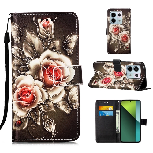 

For Xiaomi Redmi Note 13 Pro 5G Global Colored Drawing Pattern Plain Weave Leather Phone Case(Roses On Black)