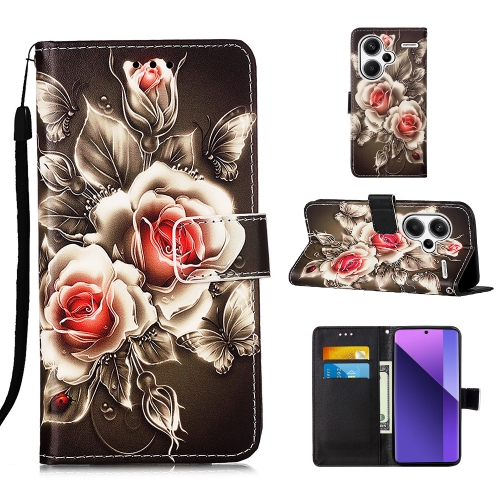 

For Xiaomi Redmi Note 13 Pro+ 5G Colored Drawing Pattern Plain Weave Leather Phone Case(Roses On Black)