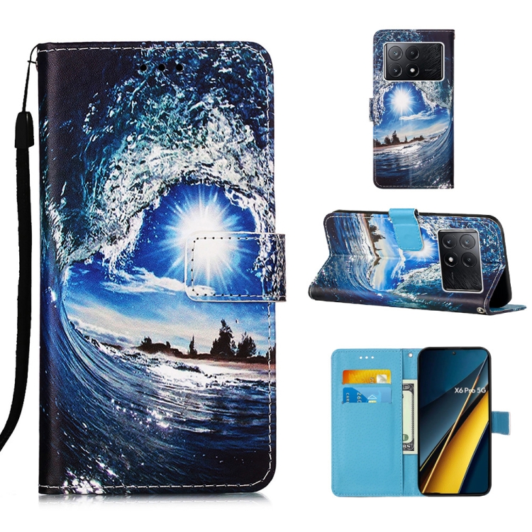 

For Xiaomi Poco X6 Pro Colored Drawing Pattern Plain Weave Leather Phone Case(Waves And Sun)