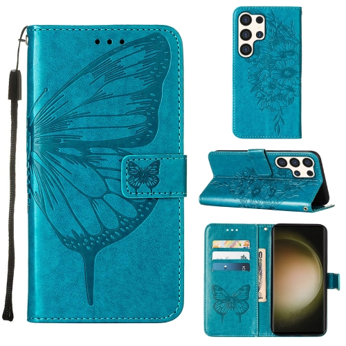 

For Samsung Galaxy S24 Ultra 5G Embossed Butterfly Leather Phone Case(Blue)