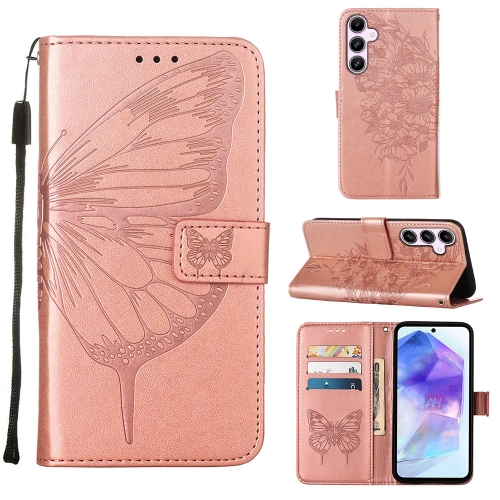 

For Samsung Galaxy A55 Embossed Butterfly Leather Phone Case(Rose Gold)