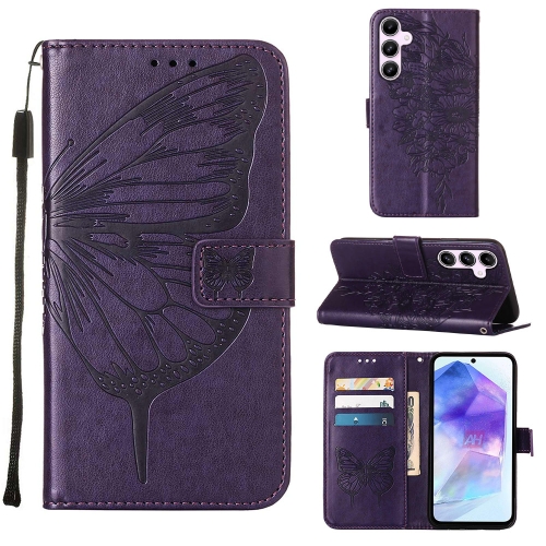 

For Samsung Galaxy A55 Embossed Butterfly Leather Phone Case(Dark Purple)
