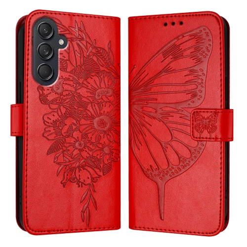 

For Samsung Galaxy M55 Embossed Butterfly Leather Phone Case(Red)