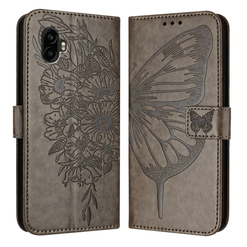 For Samsung Galaxy Z Fold6 Embossed Butterfly Leather Phone Case(Grey)