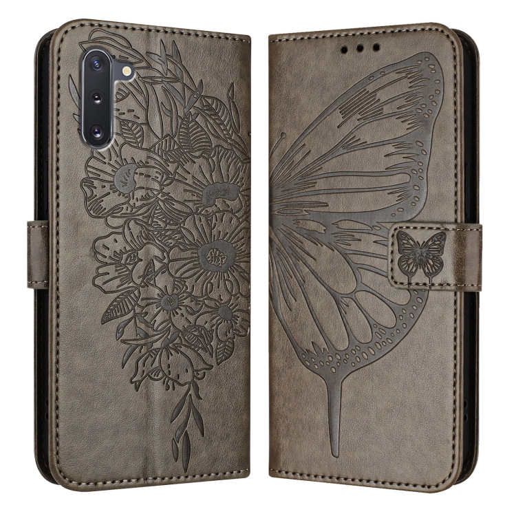 For Samsung Galaxy Note10 Embossed Butterfly Leather Phone Case(Grey)