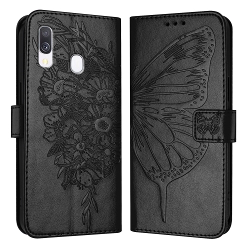 

For Samsung Galaxy A40 Embossed Butterfly Leather Phone Case(Black)