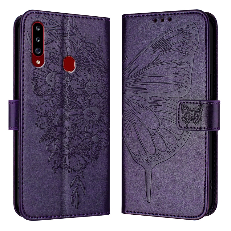 

For Samsung Galaxy A20s Embossed Butterfly Leather Phone Case(Dark Purple)