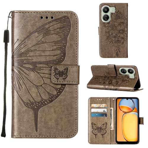 

For Xiaomi Redmi 13C Embossed Butterfly Leather Phone Case(Grey)