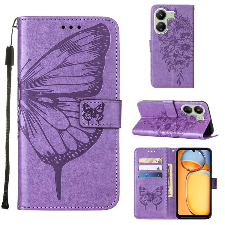 

For Xiaomi Redmi 13C Embossed Butterfly Leather Phone Case(Purple)