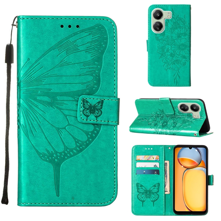 

For Xiaomi Redmi 13C Embossed Butterfly Leather Phone Case(Green)