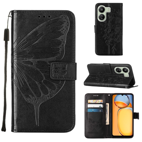 

For Xiaomi Redmi 13C Embossed Butterfly Leather Phone Case(Black)