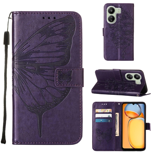 

For Xiaomi Redmi 13C Embossed Butterfly Leather Phone Case(Dark Purple)