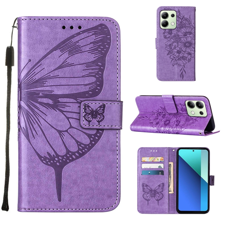 

For Xiaomi Redmi Note 13 4G Global Embossed Butterfly Leather Phone Case(Purple)
