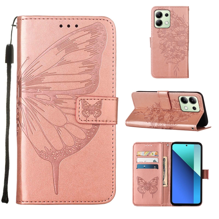 

For Xiaomi Redmi Note 13 4G Global Embossed Butterfly Leather Phone Case(Rose Gold)