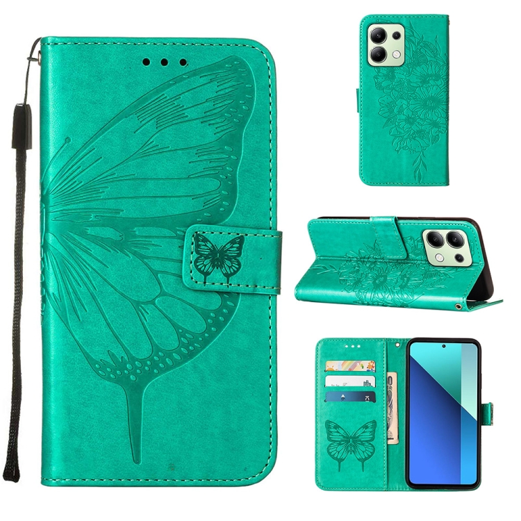 

For Xiaomi Redmi Note 13 4G Global Embossed Butterfly Leather Phone Case(Green)