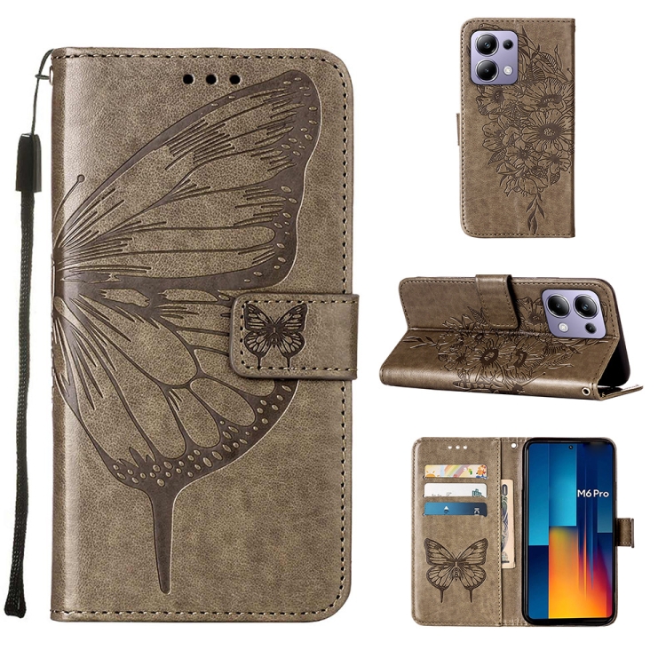 

For Xiaomi Redmi Note 13 Pro 4G Global Embossed Butterfly Leather Phone Case(Grey)