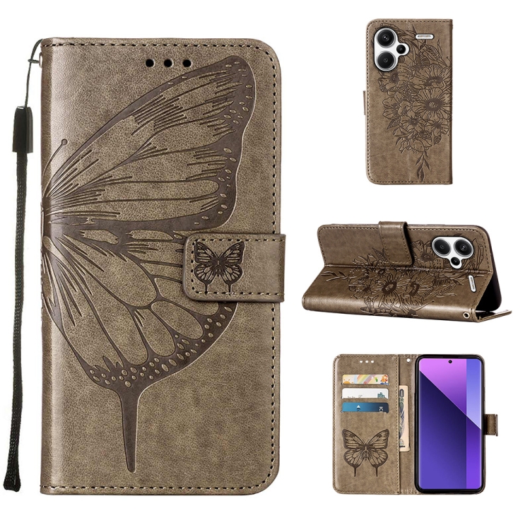 

For Xiaomi Redmi Note 13 Pro+ 5G Embossed Butterfly Leather Phone Case(Grey)
