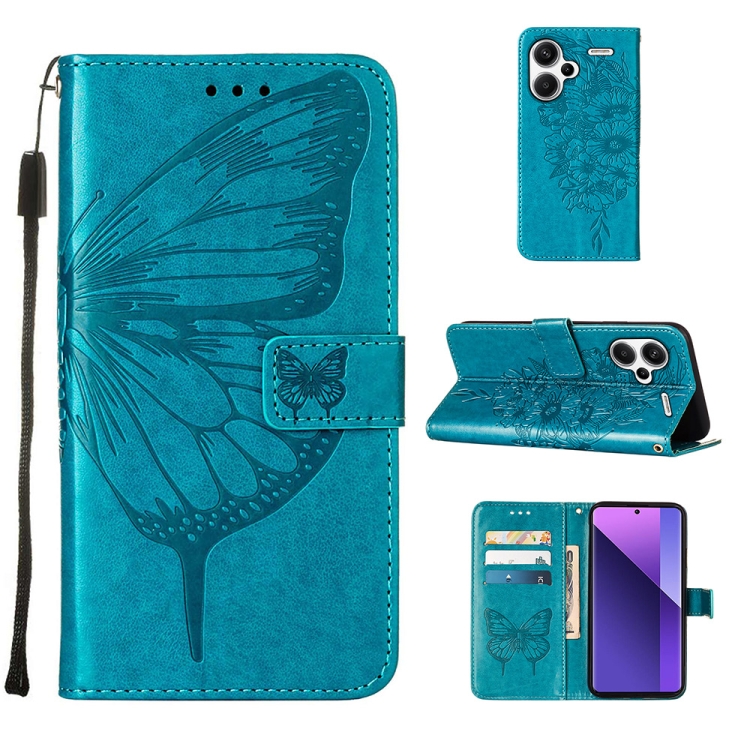 

For Xiaomi Redmi Note 13 Pro+ 5G Embossed Butterfly Leather Phone Case(Blue)