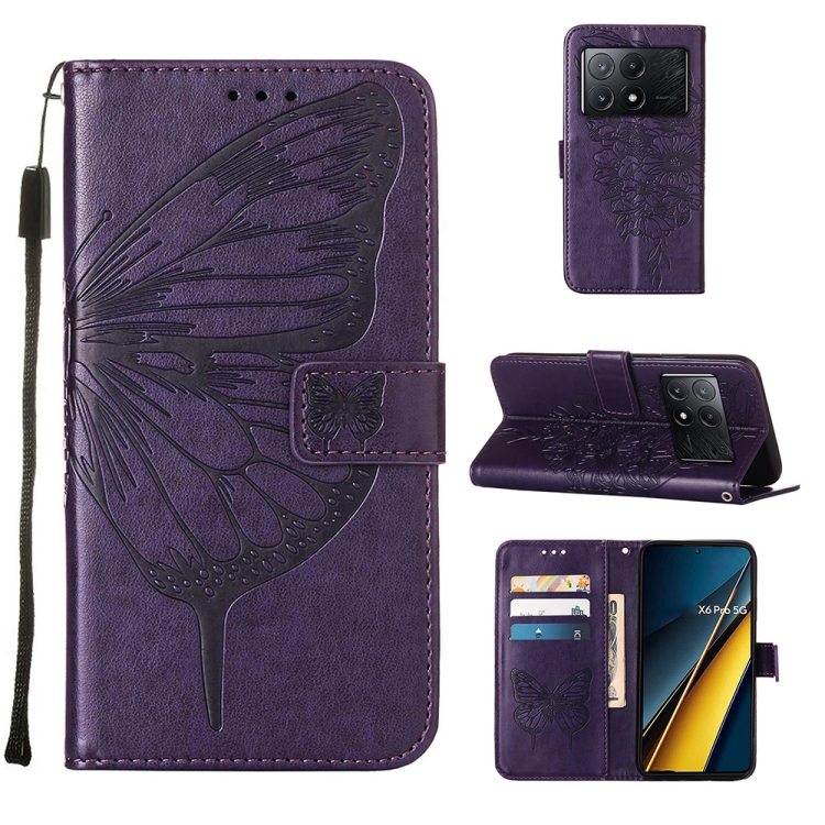 

For Xiaomi Redmi K70E Embossed Butterfly Leather Phone Case(Dark Purple)