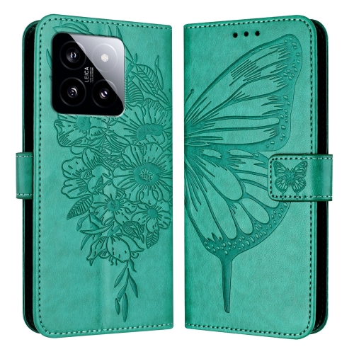 

For Xiaomi 14 5G Global Embossed Butterfly Leather Phone Case(Green)