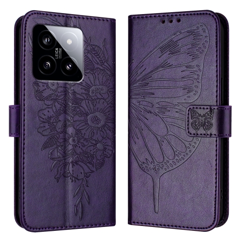 

For Xiaomi 14 5G Global Embossed Butterfly Leather Phone Case(Dark Purple)