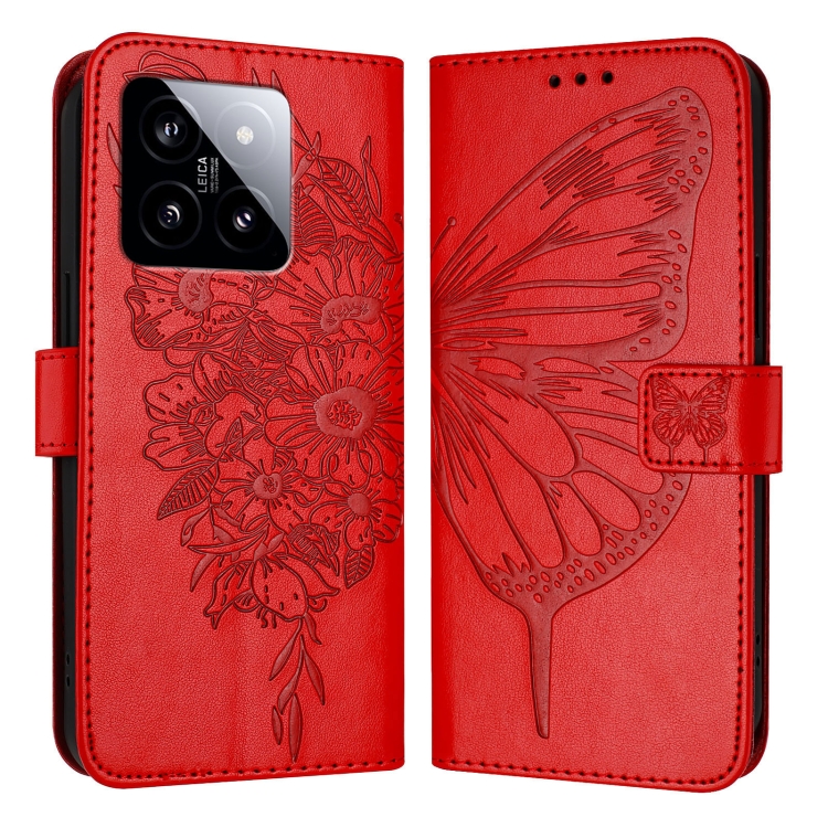 

For Xiaomi 14 5G Global Embossed Butterfly Leather Phone Case(Red)