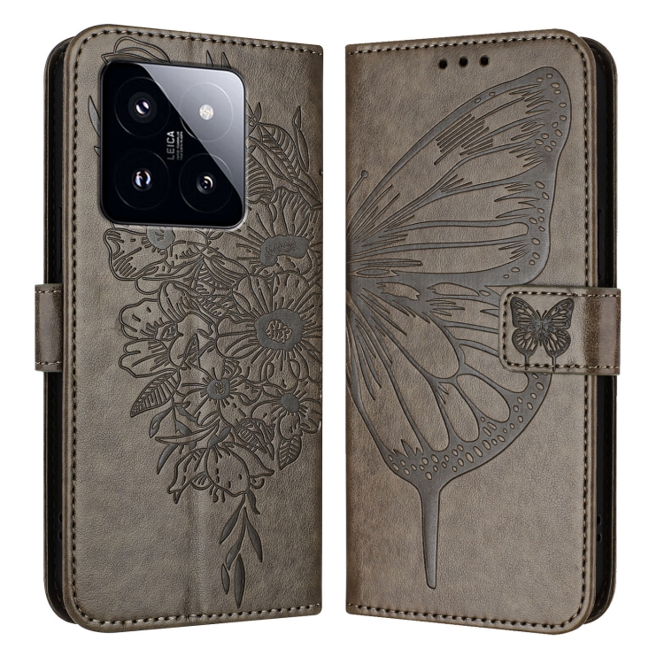 

For Xiaomi 14 Pro 5G Global Embossed Butterfly Leather Phone Case(Grey)
