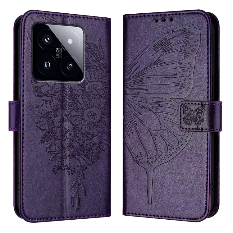 

For Xiaomi 14 Pro 5G Global Embossed Butterfly Leather Phone Case(Dark Purple)
