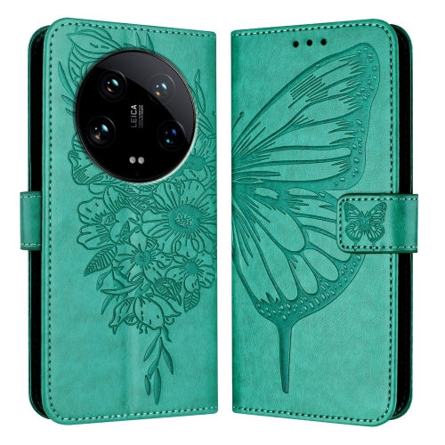 

For Xiaomi 14 Ultra 5G Global Embossed Butterfly Leather Phone Case(Green)