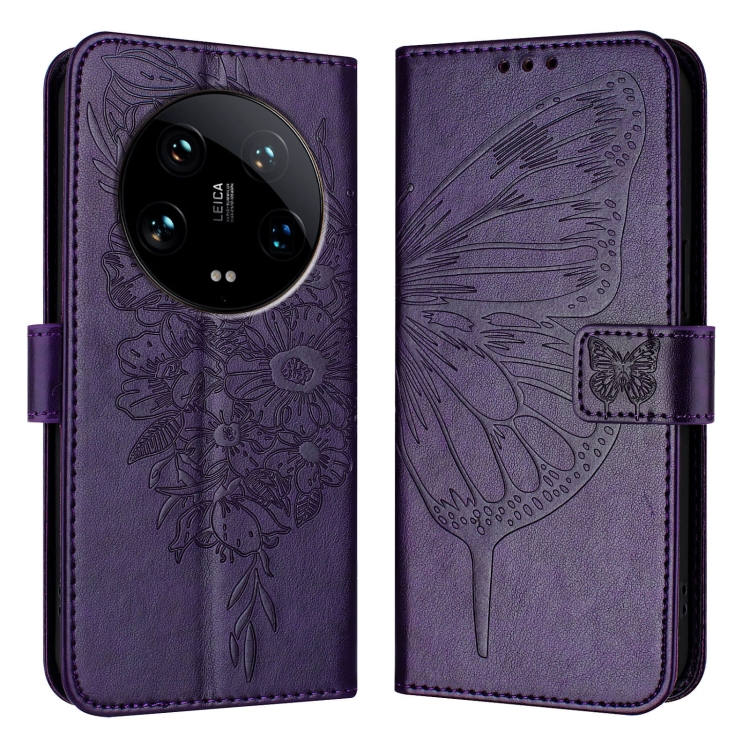

For Xiaomi 14 Ultra 5G Global Embossed Butterfly Leather Phone Case(Dark Purple)