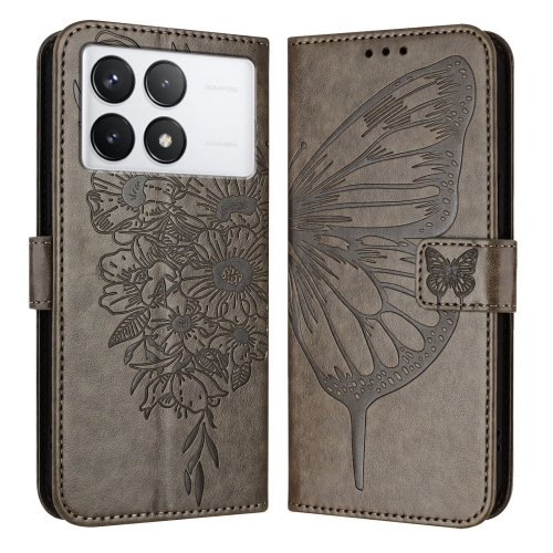 

For Xiaomi Redmi K70 / K70 Pro Embossed Butterfly Leather Phone Case(Grey)