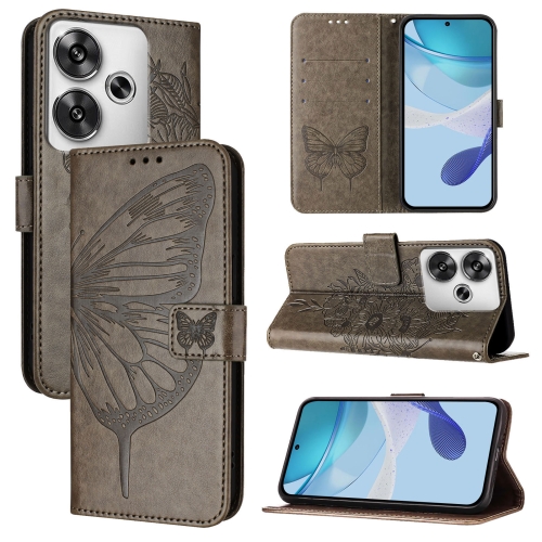 For Xiaomi Poco F6 Embossed Butterfly Leather Phone Case(Grey)