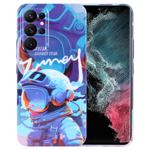 

For Samsung Galaxy S22 Ultra 5G Painted Pattern Precise Hole PC Phone Case(Blue Paint Astronaut)