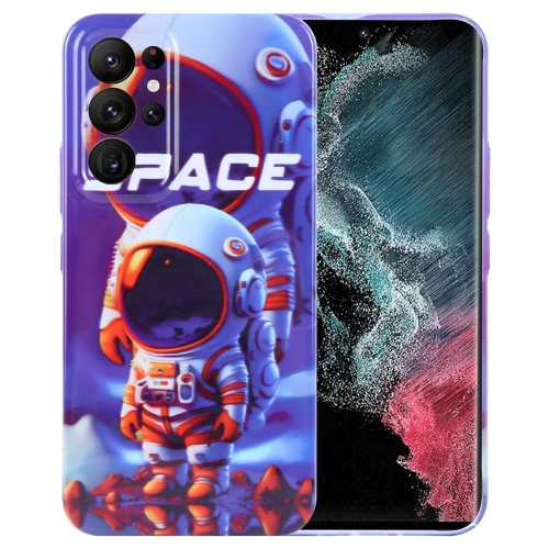 

For Samsung Galaxy S22 Ultra 5G Painted Pattern Precise Hole PC Phone Case(Orange White Astronaut)