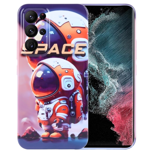

For Samsung Galaxy S22 Ultra 5G Painted Pattern Precise Hole PC Phone Case(Orange Astronaut)