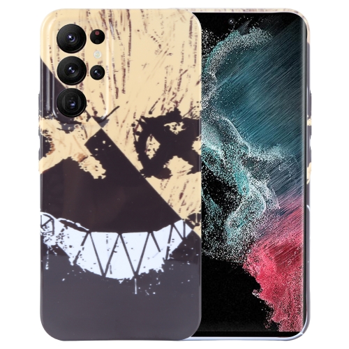 

For Samsung Galaxy S22 Ultra 5G Painted Pattern Precise Hole PC Phone Case(Black Yellow Smiling)
