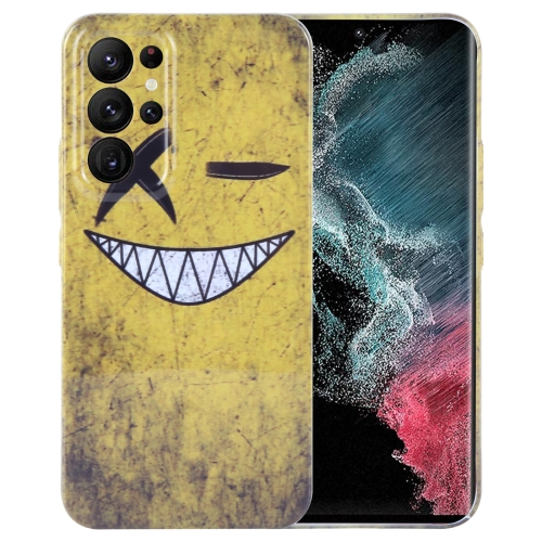 

For Samsung Galaxy S22 Ultra 5G Painted Pattern Precise Hole PC Phone Case(Yellow Background Smiling)