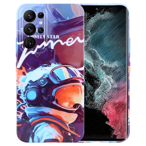 

For Samsung Galaxy S22 Ultra 5G Painted Pattern Precise Hole PC Phone Case(Orange Paint Astronaut)