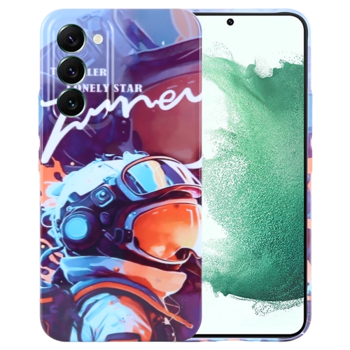 

For Samsung Galaxy S22+ 5G Painted Pattern Precise Hole PC Phone Case(Orange Paint Astronaut)