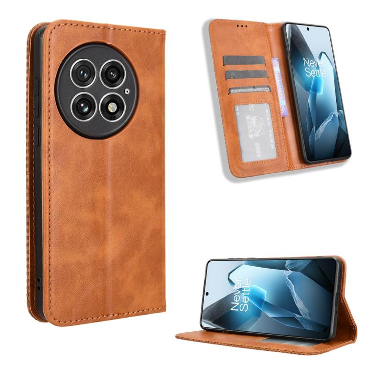 

For OnePlus 13 5G Magnetic Buckle Retro Texture Leather Phone Case(Brown)
