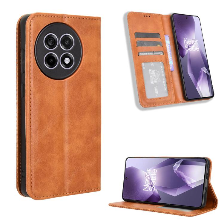 

For OnePlus Ace 5 5G / 5 Pro 5G / 13R 5G Magnetic Buckle Retro Texture Leather Phone Case(Brown)