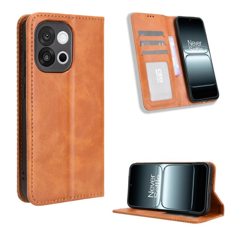 

For OnePlus 13T Magnetic Buckle Retro Texture Leather Phone Case(Brown)