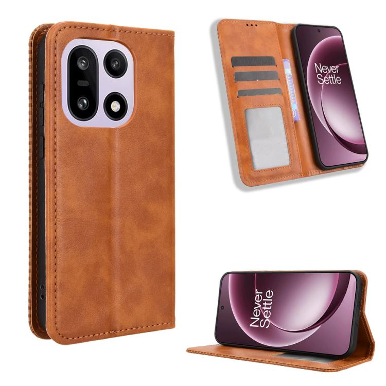 

For OnePlus 15 Magnetic Buckle Retro Texture Leather Phone Case(Brown)