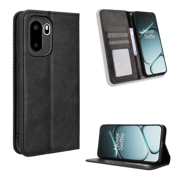 

For OnePlus Ace 6 Magnetic Buckle Retro Texture Leather Phone Case(Black)