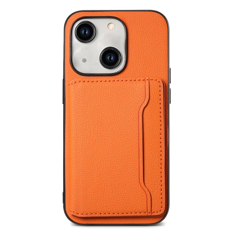 

For iPhone 14 Plus Calf Texture Card Bag Design Full Coverage Phone Case(Orange)