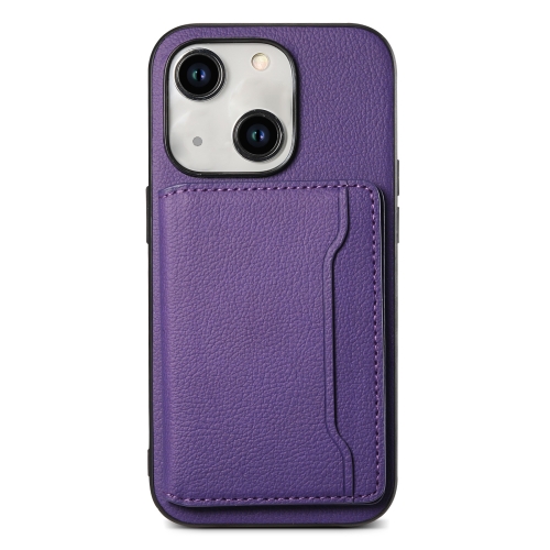 

For iPhone 15 Calf Texture Card Bag Design Full Coverage Phone Case(Purple)